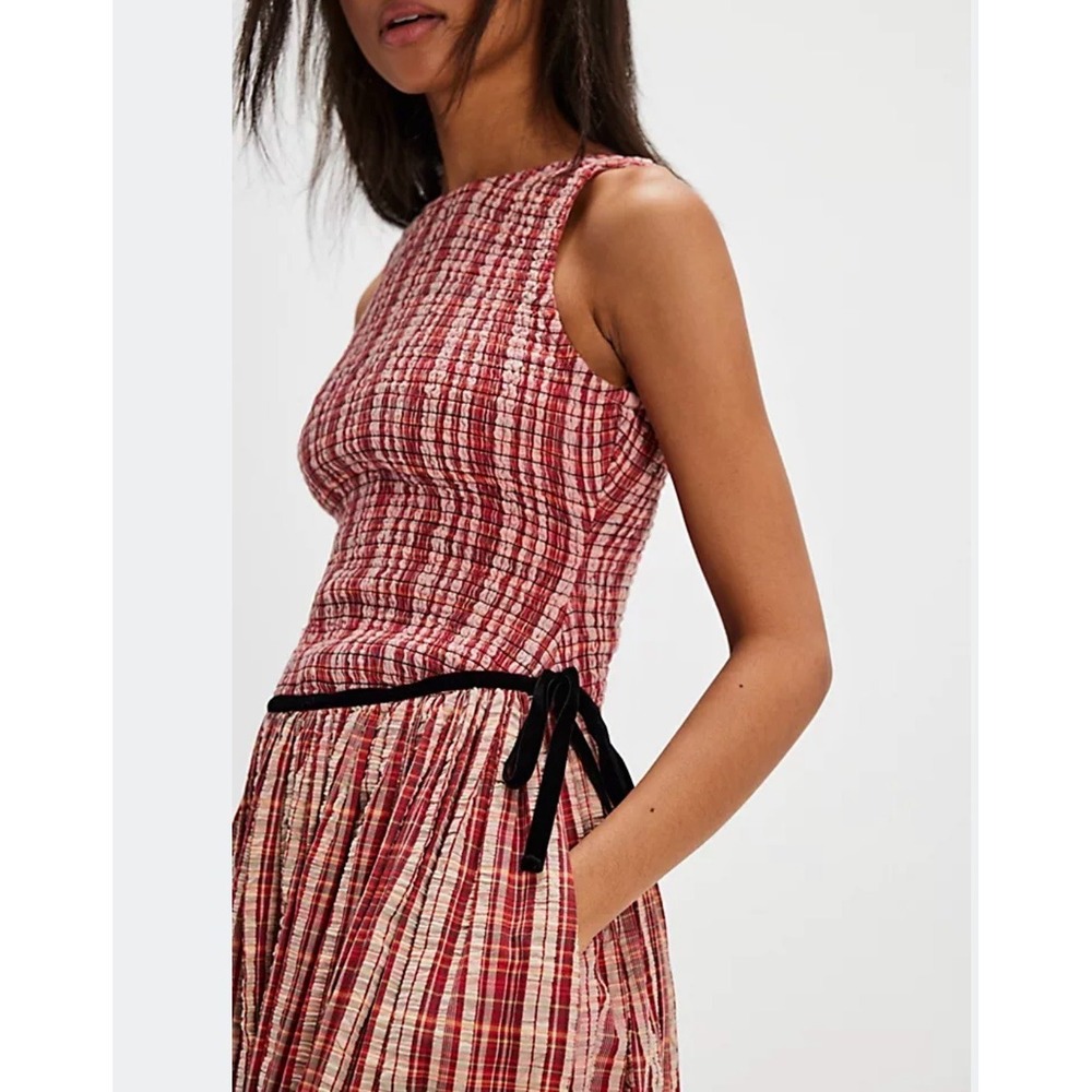 Free People Womens Nightingale Red Plaid Smocked Midi Dress Boho Sz Lg $245 MSRP - Picture 4 of 16